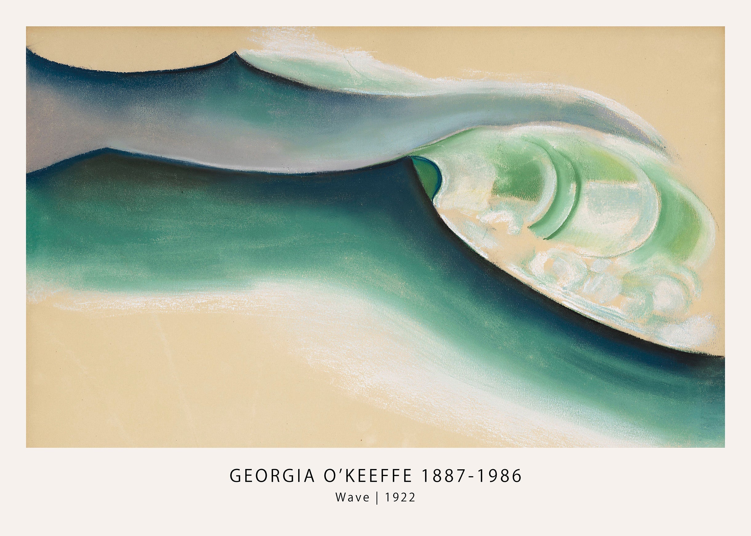 Abstract painting titled 'Wave' by Georgia O’Keeffe (1922) featuring sweeping lines of deep blue, teal, and light green surf against a neutral tan background.