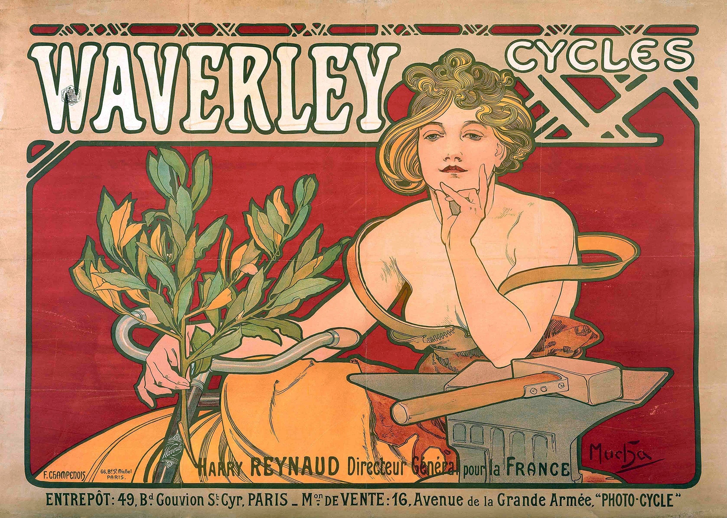 Iconic 1898 Mucha poster advertising Waverley Cycles featuring an idealized woman holding a laurel branch against a red background.