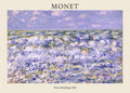 Reproduction print of Claude Monet's 1881 painting, Waves Breaking, showing turbulent white and blue ocean waves under a lavender sky.