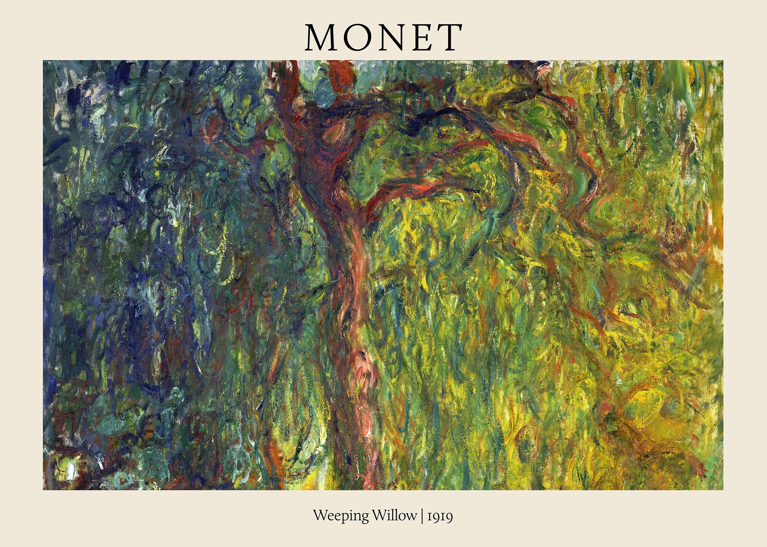 Abstract painting of a weeping willow tree by Claude Monet, dominated by vigorous green, yellow, and deep blue brushstrokes from 1919.