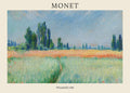 High-quality reproduction of Claude Monet's 1881 "Wheatfield," showing a path through green and golden fields bordered by tall, dark trees under a pale blue sky.