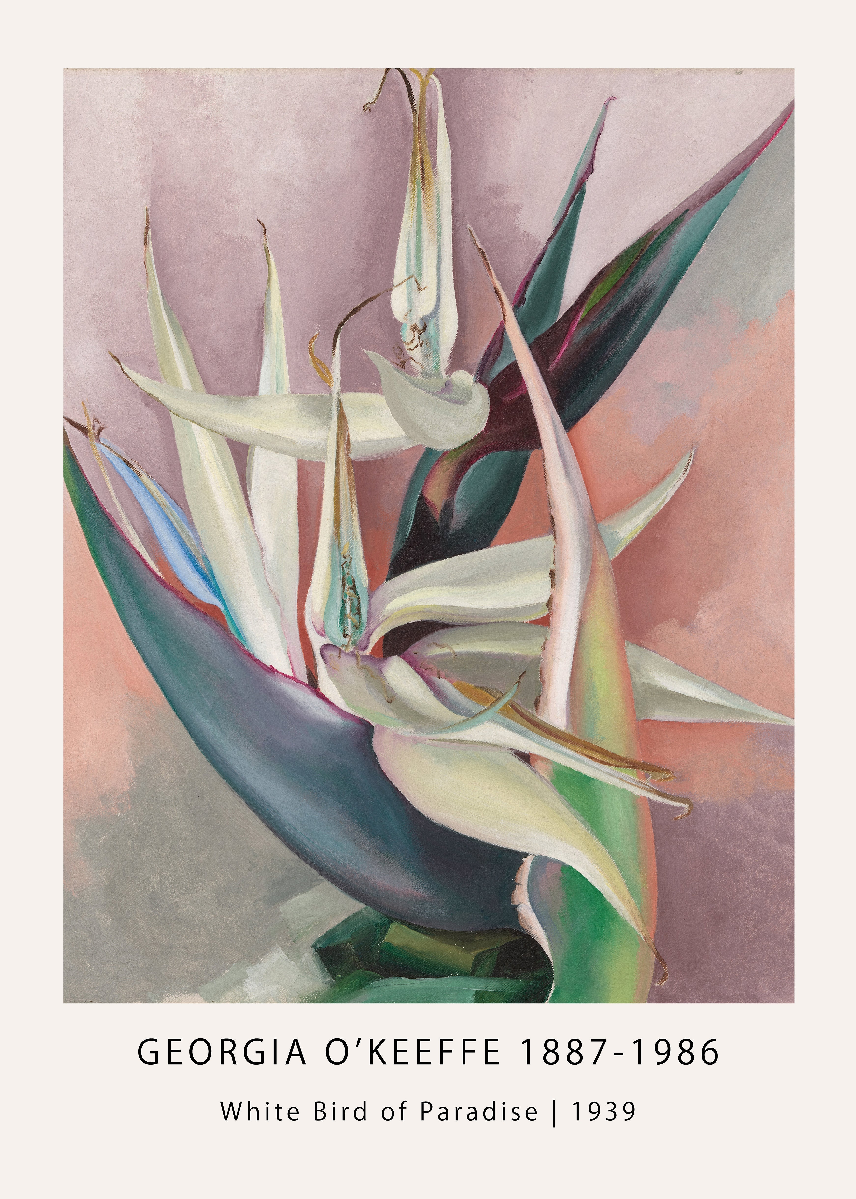 Abstract close-up painting by Georgia O'Keeffe titled White Bird of Paradise, featuring white, cream, and deep green flower petals against a soft pink and mauve background.