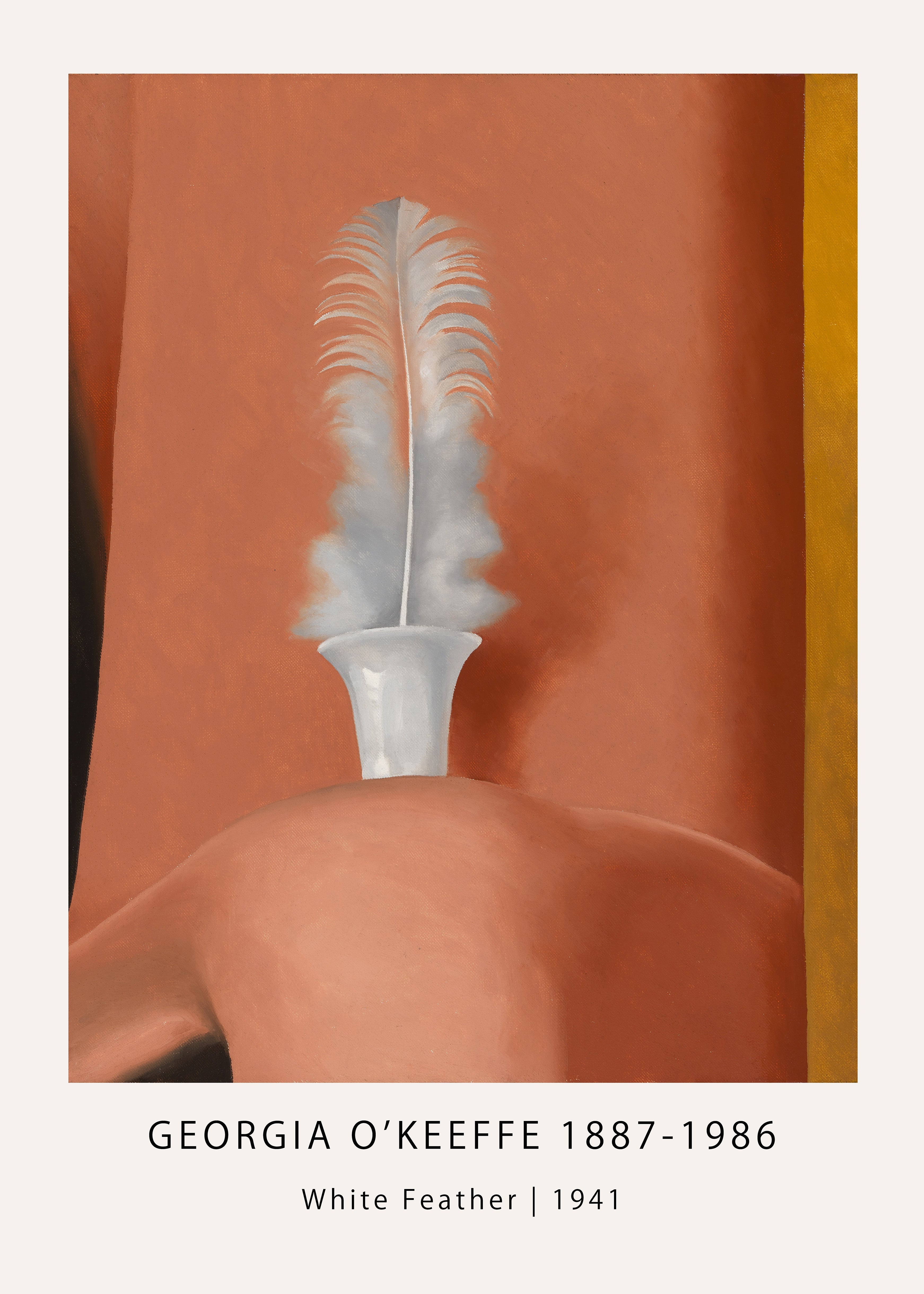 Abstract painting by Georgia O'Keeffe, "White Feather" (1941), featuring a delicate white plume against warm terracotta and sienna colors.