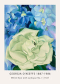 Close-up macro painting by Georgia O'Keeffe, showing a pale white and green rose against vibrant abstract blue larkspur flowers.