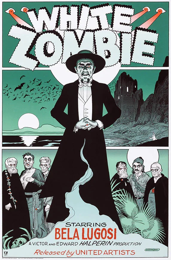 Vintage White Zombie movie poster featuring Bela Lugosi in a dark suit and hat with eerie characters and haunted castle background