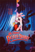 Who Framed Roger Rabbit movie poster featuring Roger Rabbit hiding behind a woman's legs on stage with curtains and audience silhouettes