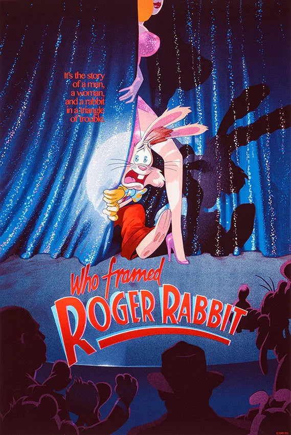 Who Framed Roger Rabbit movie poster featuring Roger Rabbit hiding behind a woman's legs on stage with curtains and audience silhouettes