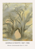 Modernist painting by Georgia O'Keeffe titled Winter Cottonwoods, featuring ghostly tree trunks rendered in muted yellow, gray, and cream tones.