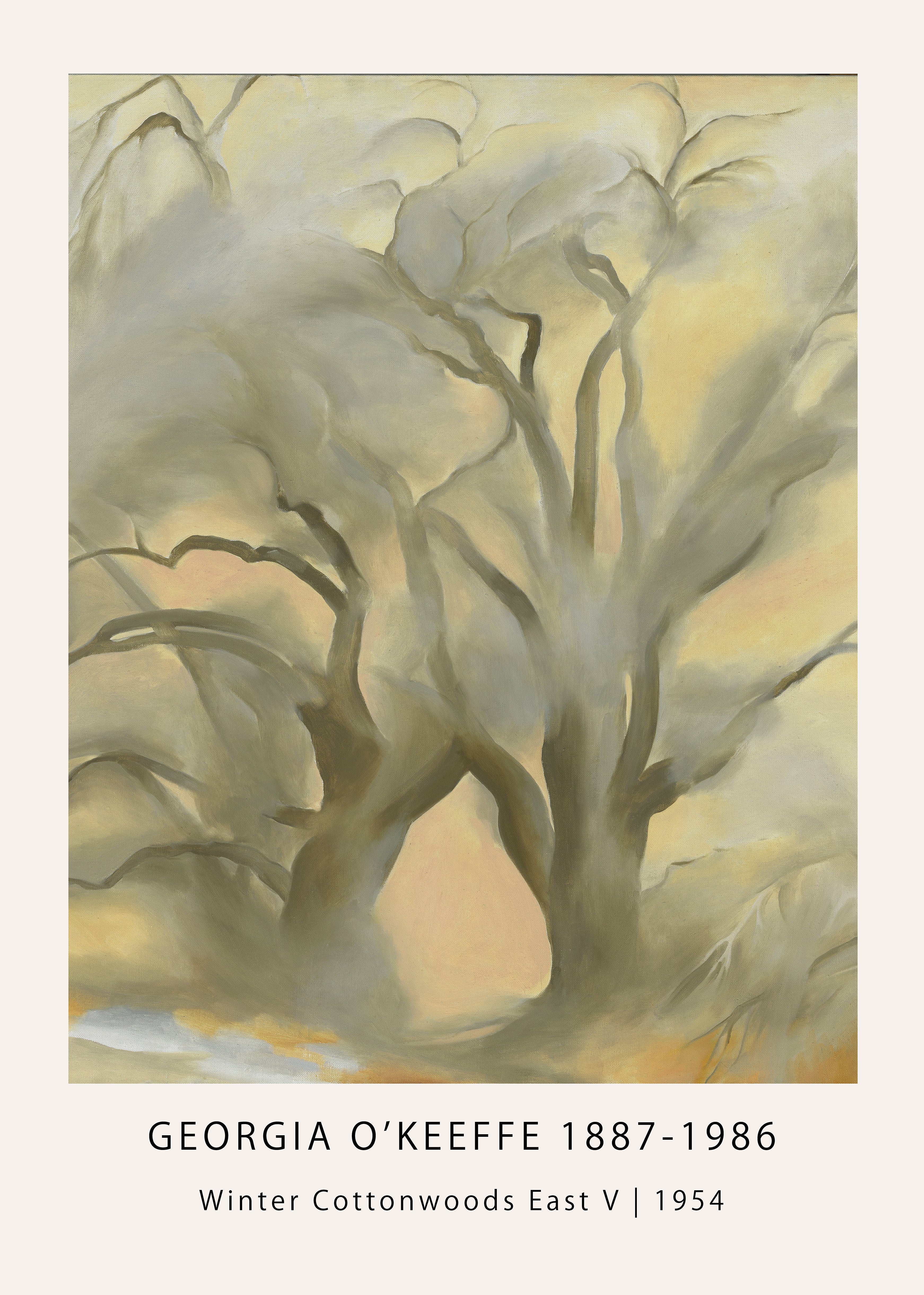 Modernist painting by Georgia O'Keeffe titled Winter Cottonwoods, featuring ghostly tree trunks rendered in muted yellow, gray, and cream tones.