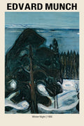 Edvard Munch's "Winter Night" (1900) expressionist painting featuring dark forest shapes and a moody blue, snow-covered winter landscape.