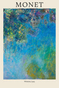 Abstract painting by Claude Monet titled "Wisteria" from 1925, showing swirling blue and green impressionistic brushstrokes on a light beige poster background.