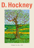 Reproduction poster of David Hockney's 2006 painting, "Woldgate Tree," featuring a bright green and yellow Yorkshire landscape.