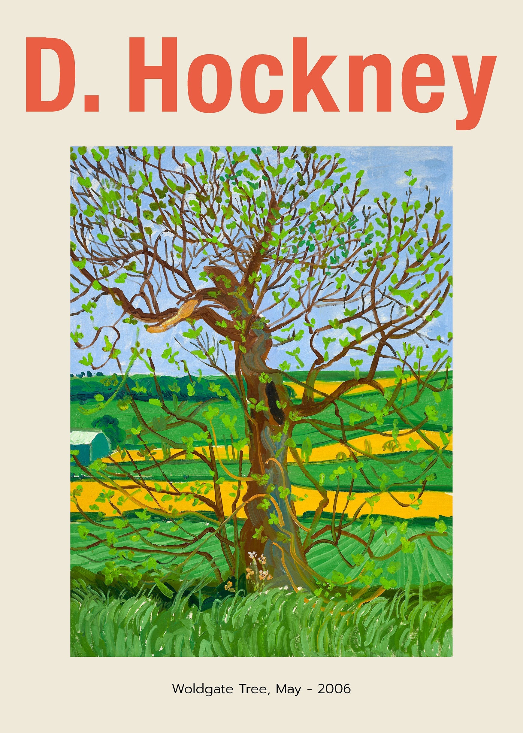 Reproduction poster of David Hockney's 2006 painting, "Woldgate Tree," featuring a bright green and yellow Yorkshire landscape.