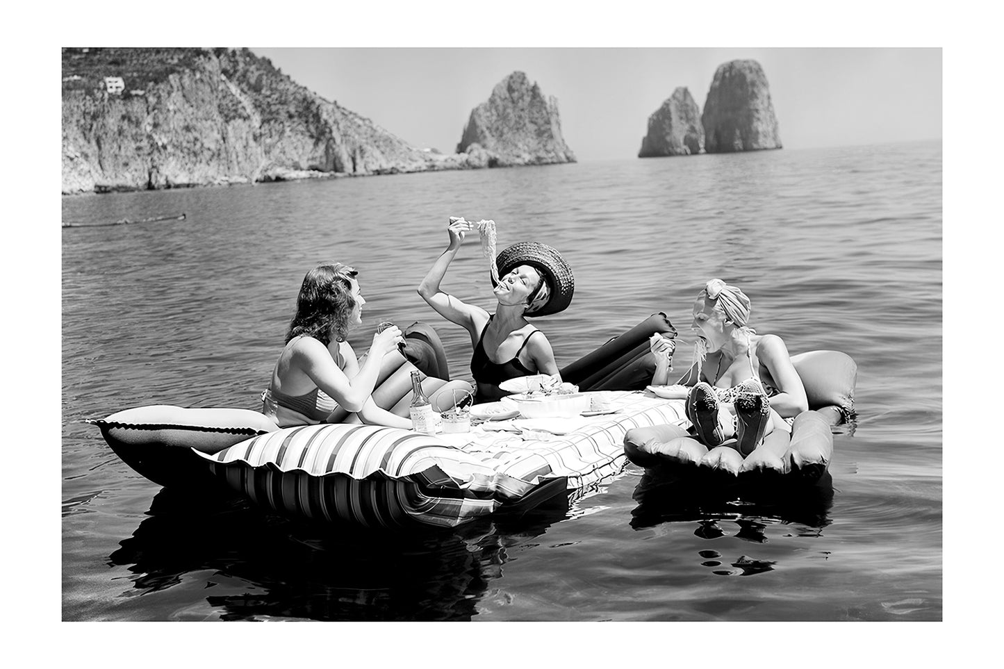 Woman Eating Spaghetti on Lake - Classic Black and White Faraglioni Print, Italian Riviera Leisure Post