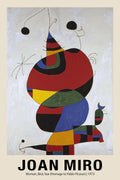 A high-quality reproduction of Joan Miró's 1973 surrealist painting, Woman, Bird, Star, featuring large biomorphic forms in red, blue, yellow, and black on a textured white background.