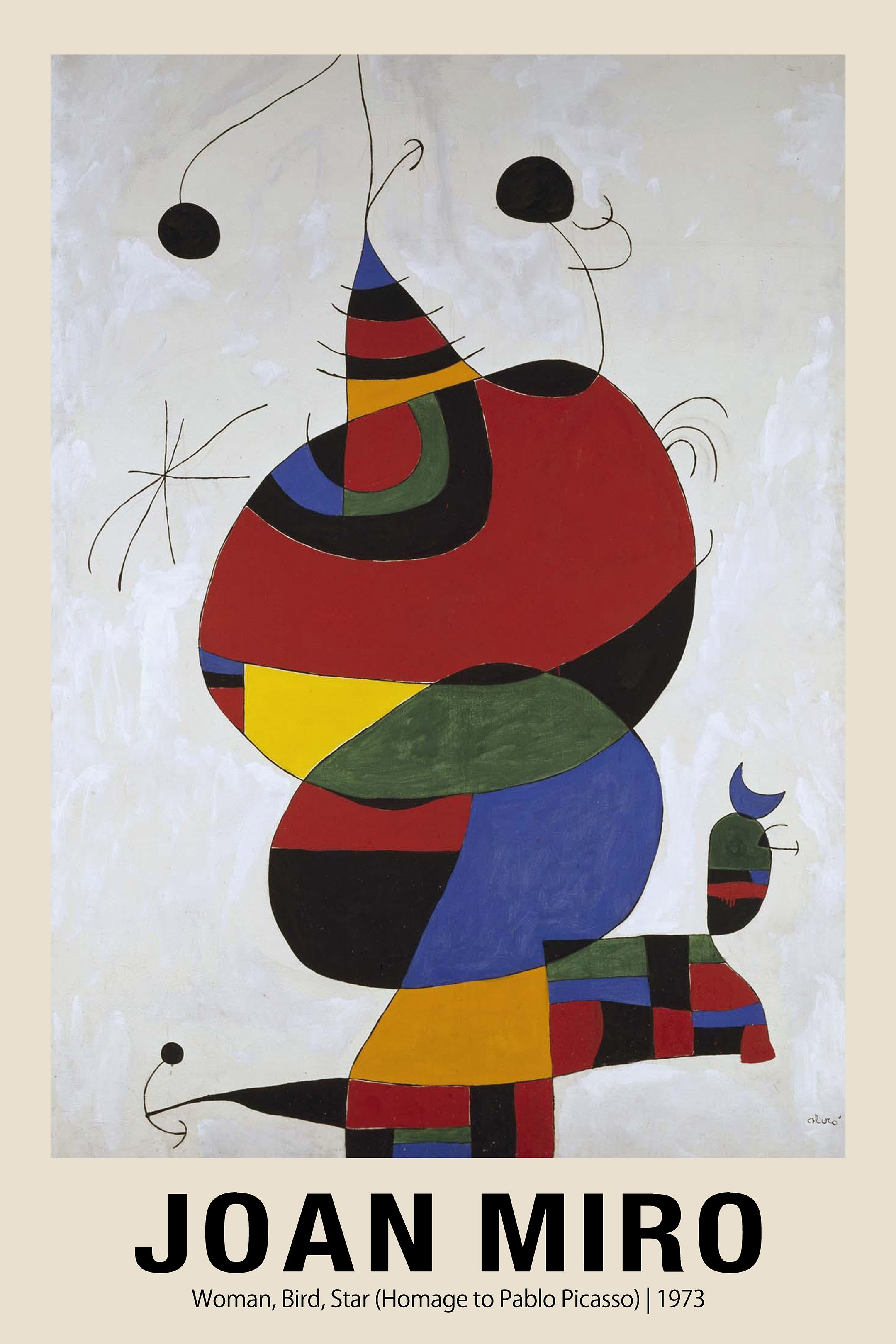 A high-quality reproduction of Joan Miró's 1973 surrealist painting, Woman, Bird, Star, featuring large biomorphic forms in red, blue, yellow, and black on a textured white background.