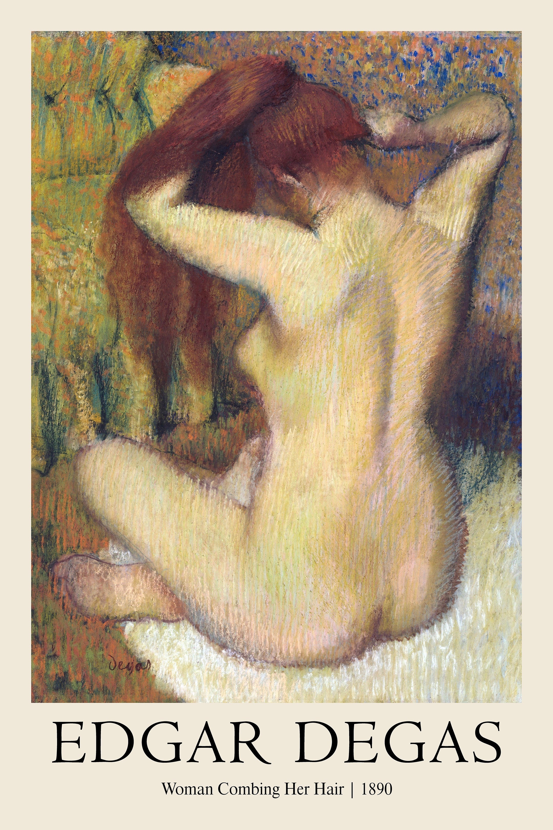 Edgar Degas pastel painting, "Woman Combing Her Hair" (1890), depicting a seated nude female figure viewed from the back, rich in textured color.