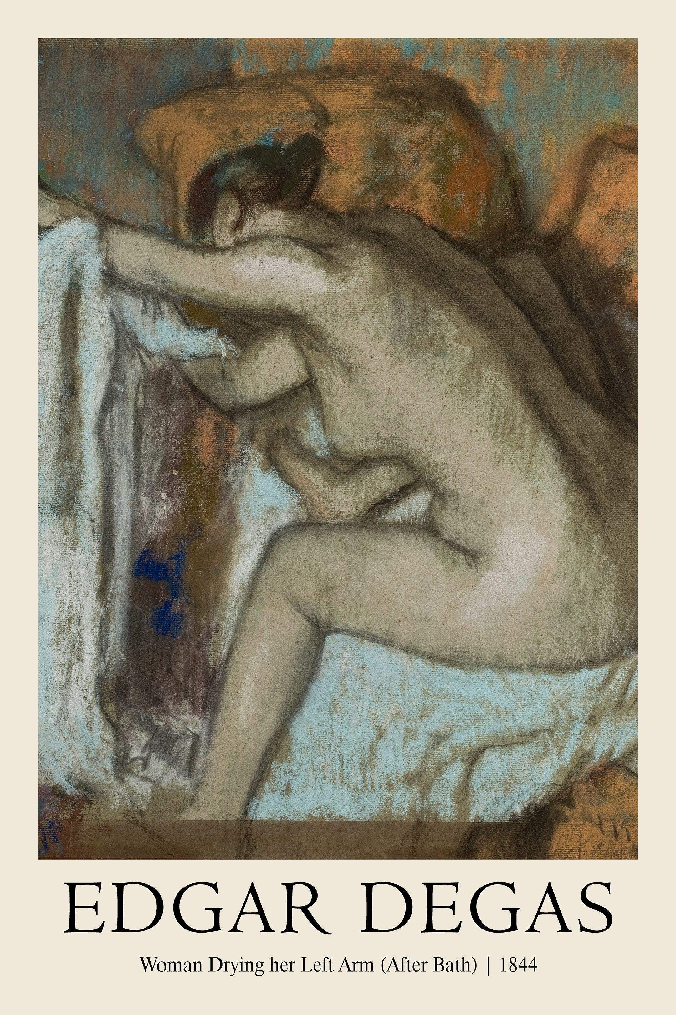 Textured pastel drawing by Edgar Degas depicting a nude female figure bent over, drying her left arm with a white cloth, set against earthy brown and muted blue tones.