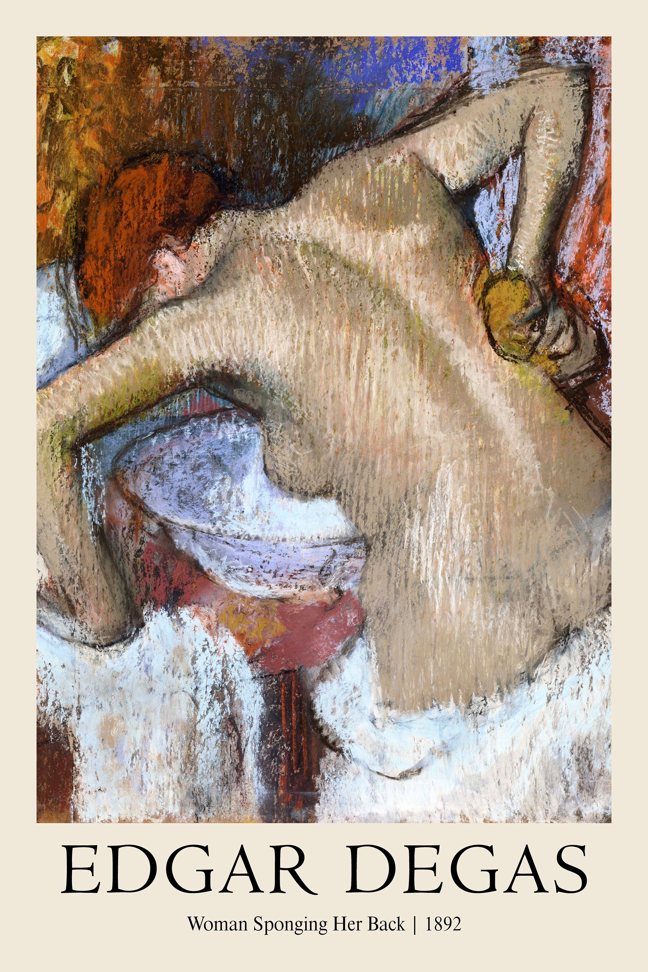 An 1892 pastel drawing by Edgar Degas showing a nude woman with red hair bathing and sponging her back, rich in Impressionist texture.