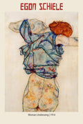 Egon Schiele's 1914 expressive drawing, Woman Undressing, showing the back of a nude figure with red hair removing a blue shawl.