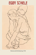 Authentic reproduction of Egon Schiele's 1918 drawing featuring two embracing nude figures rendered in expressive black charcoal lines on a tan background.