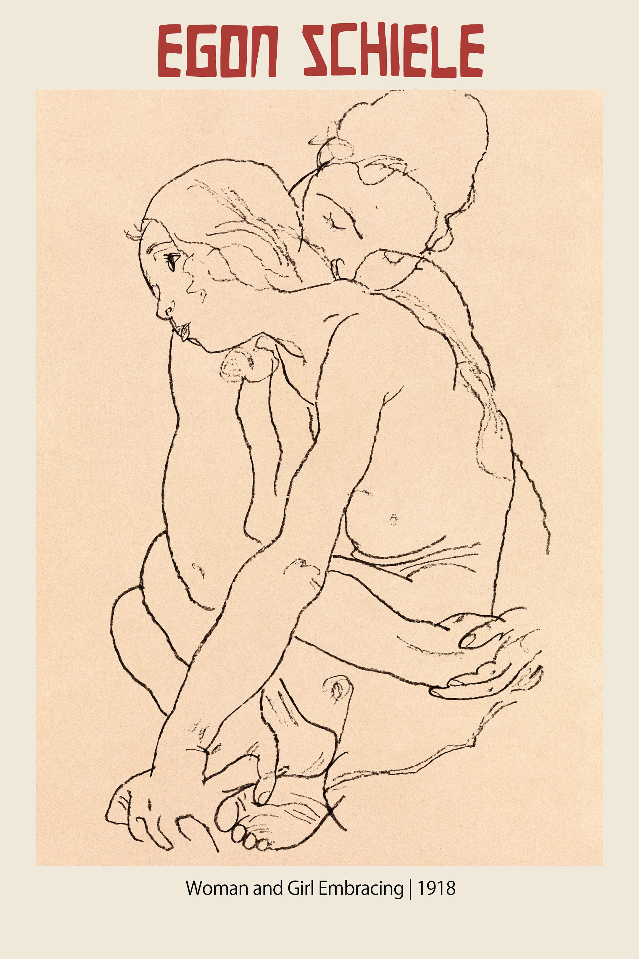Authentic reproduction of Egon Schiele's 1918 drawing featuring two embracing nude figures rendered in expressive black charcoal lines on a tan background.