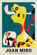 Reproduction poster of Joan Miró's 1935 painting, "Woman and dog in front of the Moon," featuring bold yellow, red, and black abstract shapes on a deep teal background.