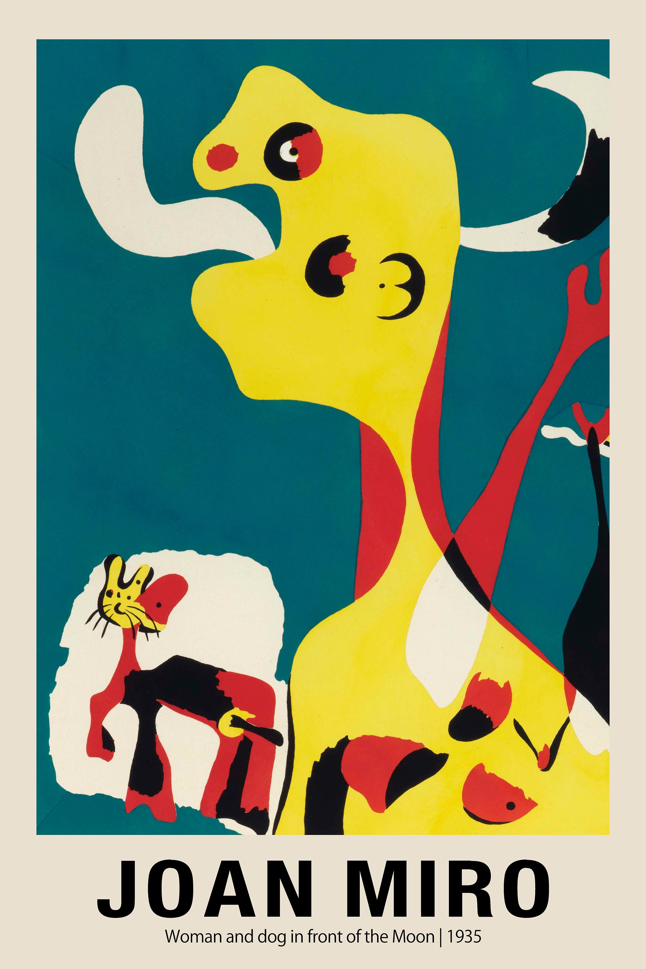Reproduction poster of Joan Miró's 1935 painting, "Woman and dog in front of the Moon," featuring bold yellow, red, and black abstract shapes on a deep teal background.