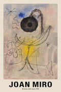 Reproduction of Joan Miró's 1942 "Woman, bird, stars" featuring thin black line drawings, a large black circle, and textured gray/yellow background.