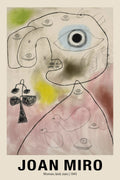 Joan Miró print of "Woman, Bird, Stars," featuring black contour lines outlining abstract faces and birds against soft, atmospheric colors.