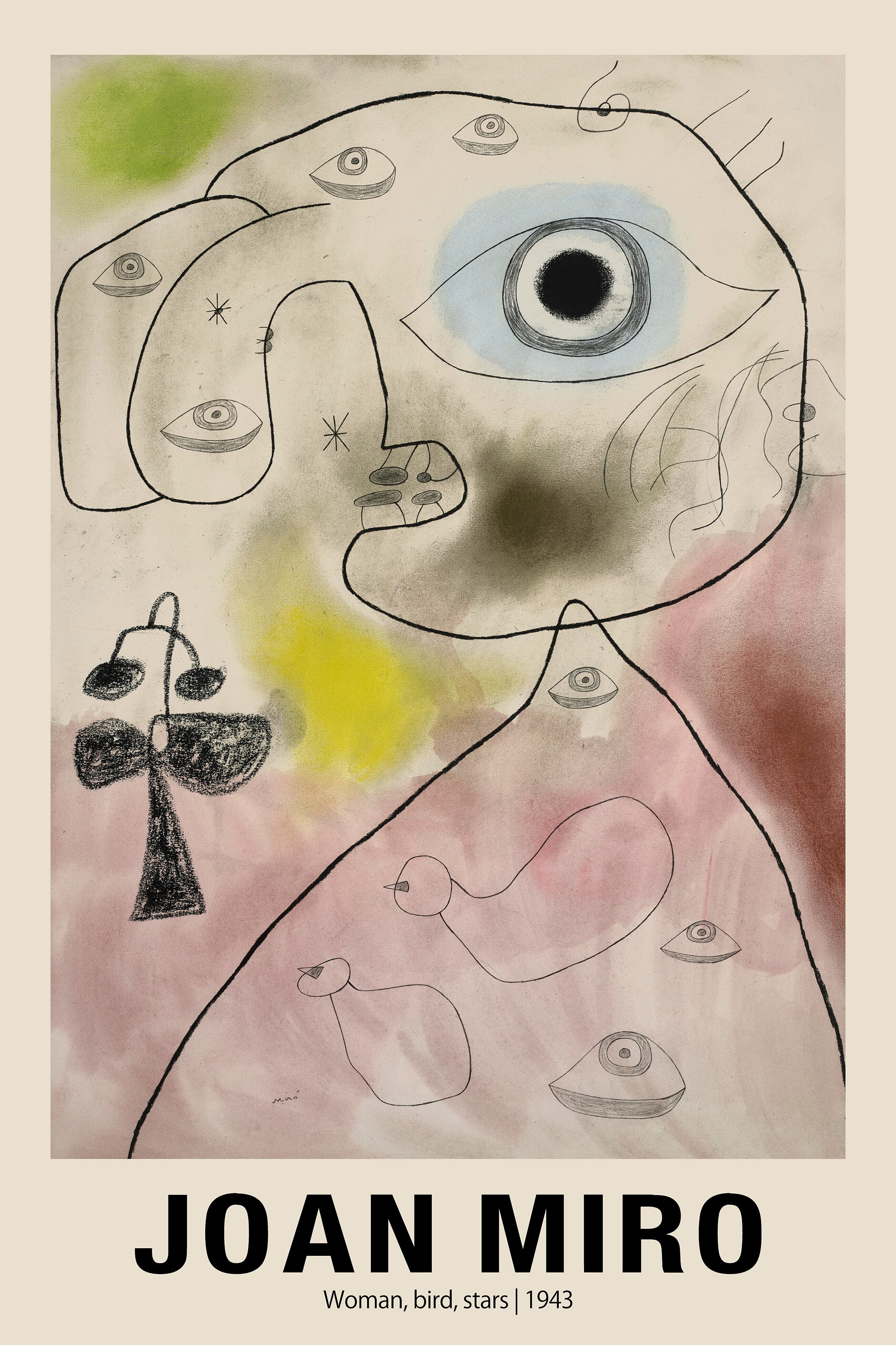 Joan Miró print of "Woman, Bird, Stars," featuring black contour lines outlining abstract faces and birds against soft, atmospheric colors.