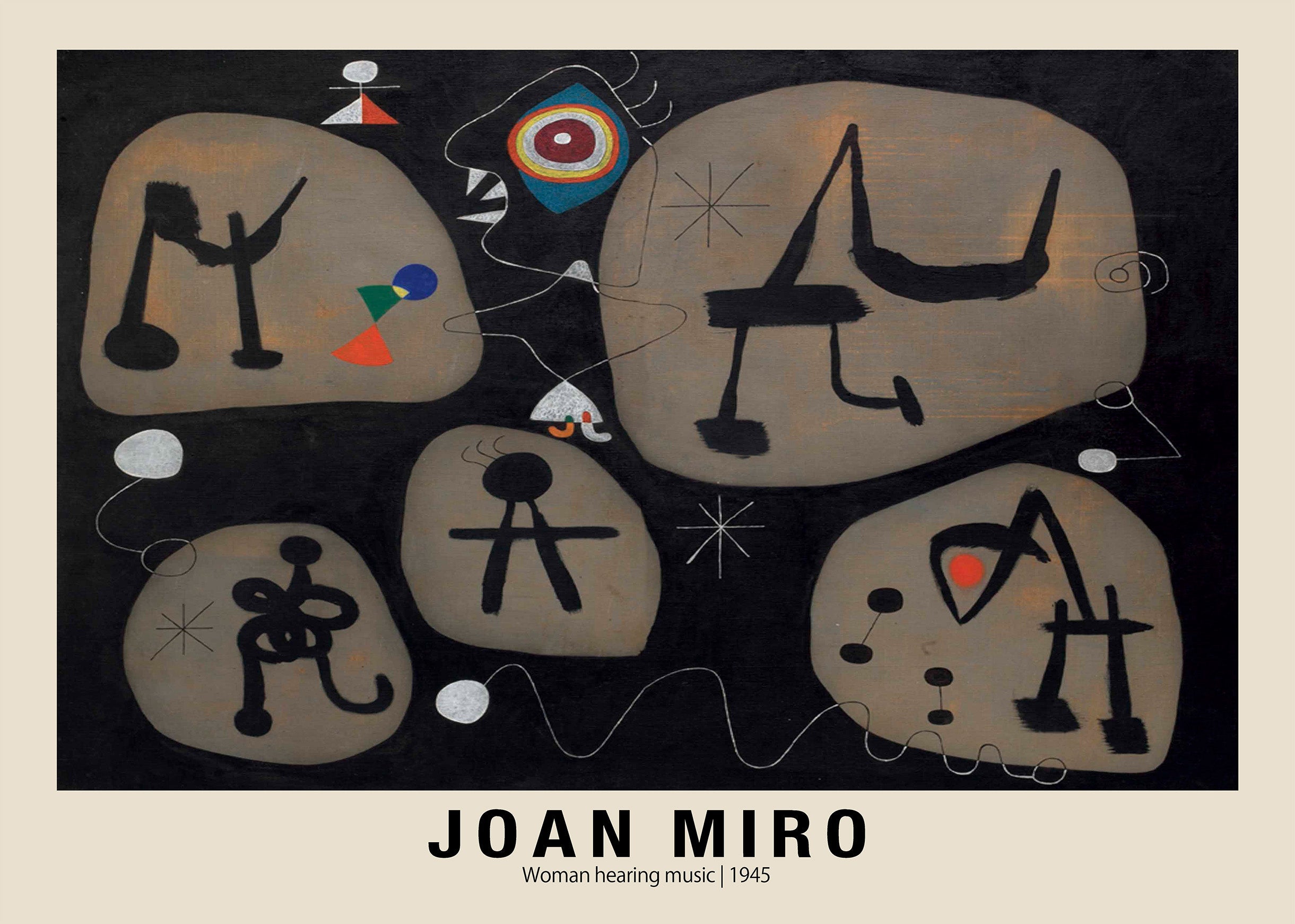 Abstract painting by Joan Miró, "Woman Hearing Music" (1945), featuring biomorphic shapes, black background, and minimal primary colors, typical of his Surrealist style.