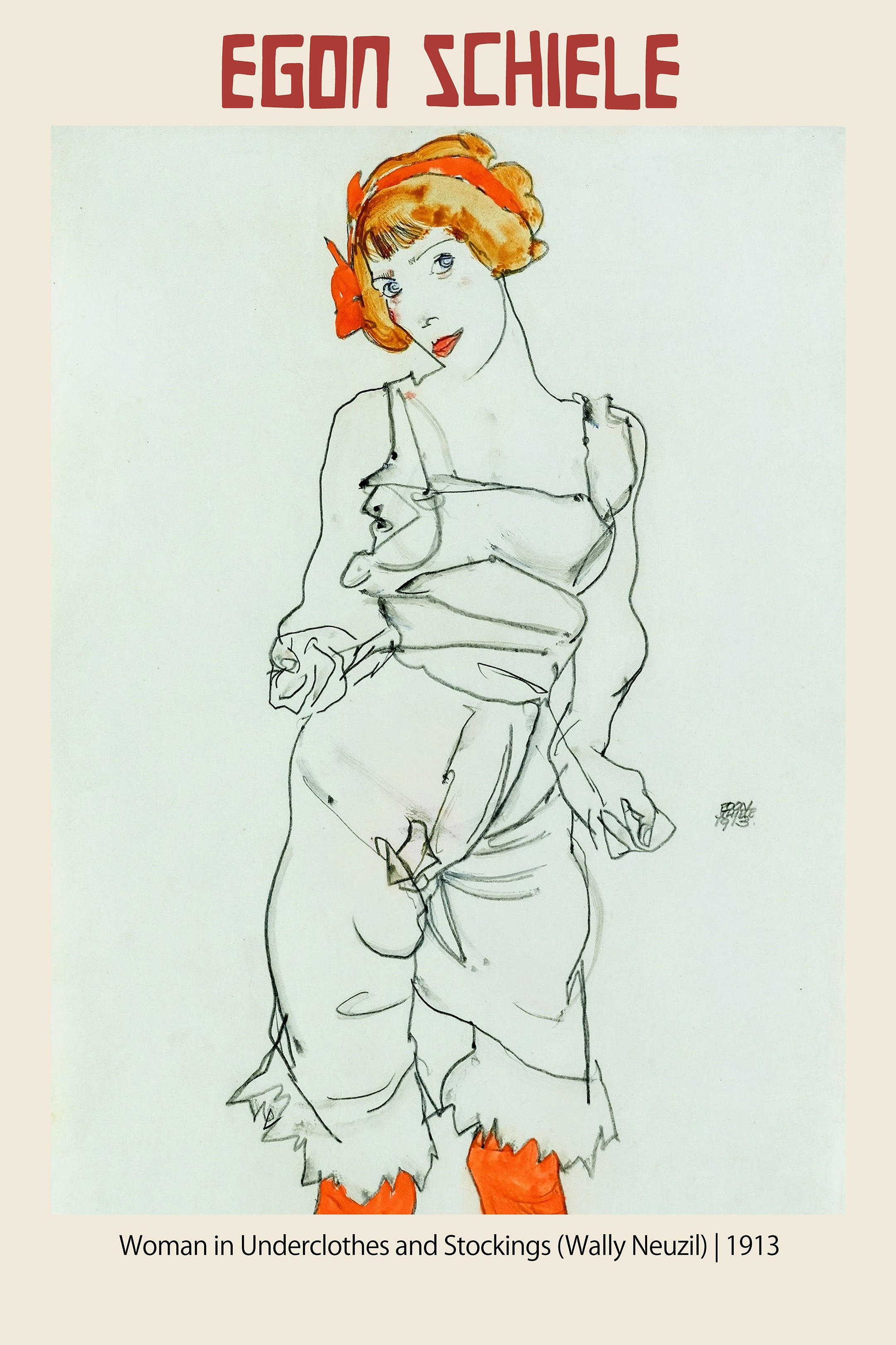 Minimalist expressive line drawing by Egon Schiele of Wally Neuzil in underclothes with orange accents, dated 1913.