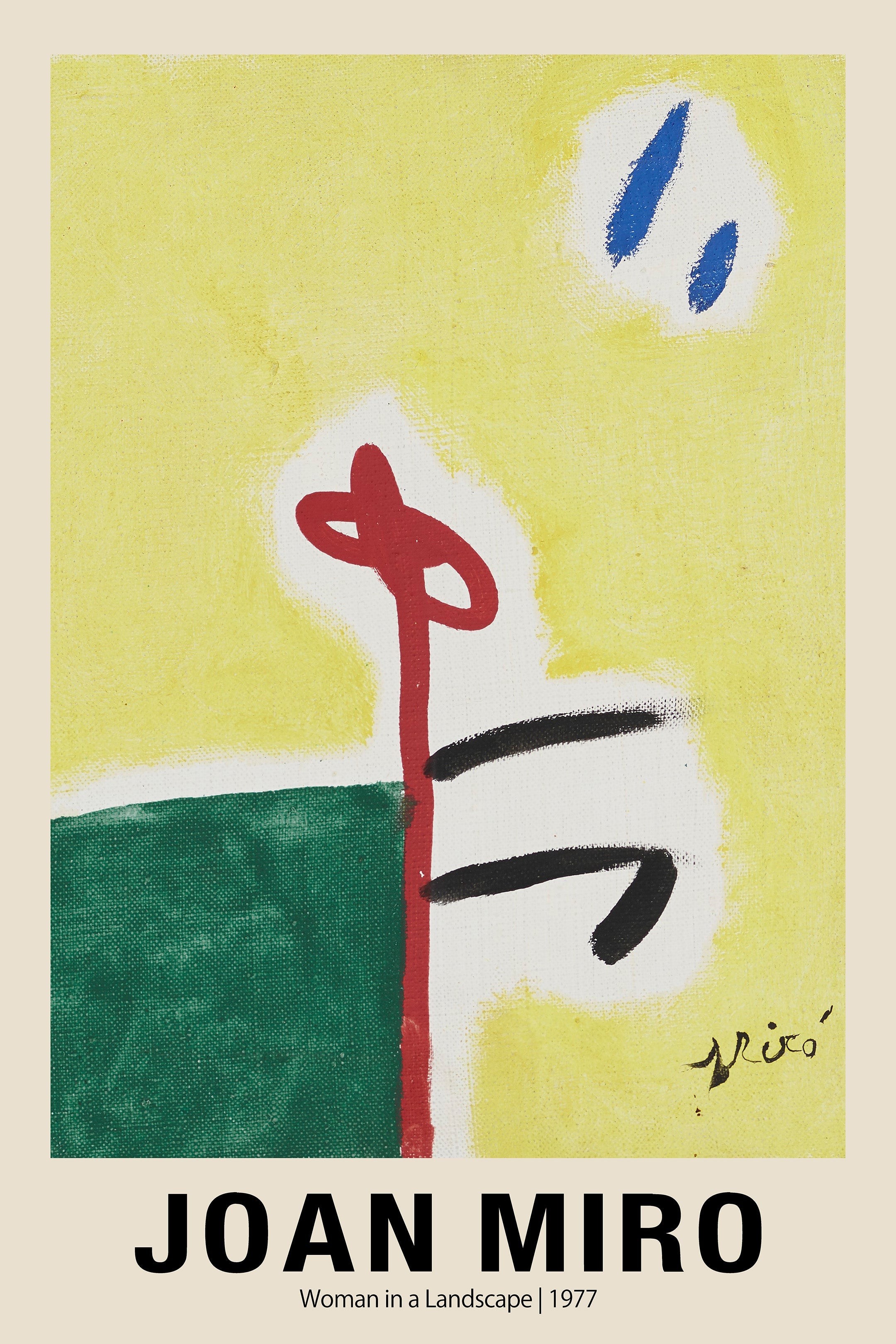 Joan Miró abstract artwork featuring bold blocks of yellow and green with a central red vertical form and dynamic black and blue strokes. Surrealist style, 1977.
