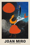 Reproduction of Joan Miró's 1938 painting, Woman in front of the sun, featuring surreal orange shapes and figures against a dark blue and black abstract background.