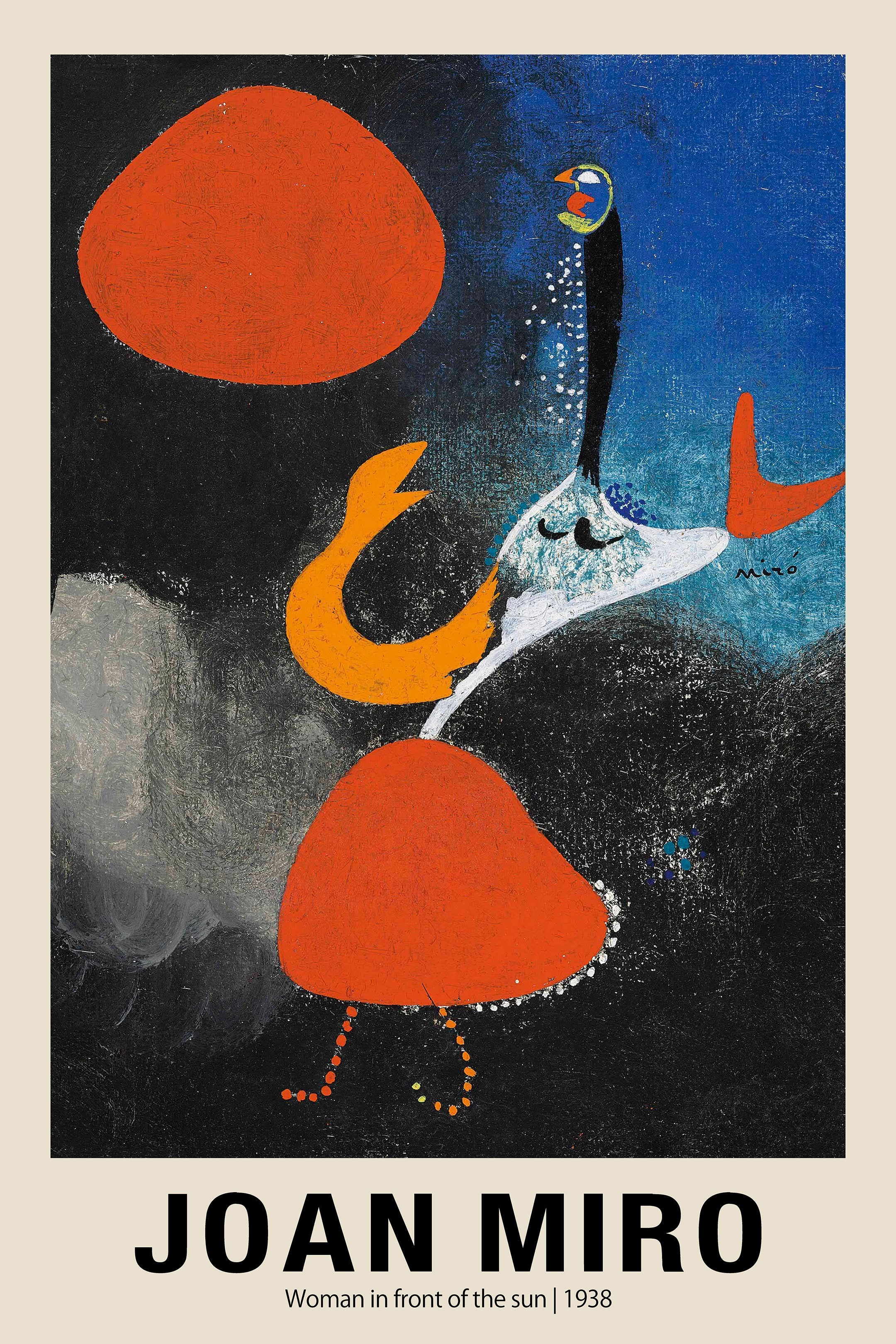 Reproduction of Joan Miró's 1938 painting, Woman in front of the sun, featuring surreal orange shapes and figures against a dark blue and black abstract background.
