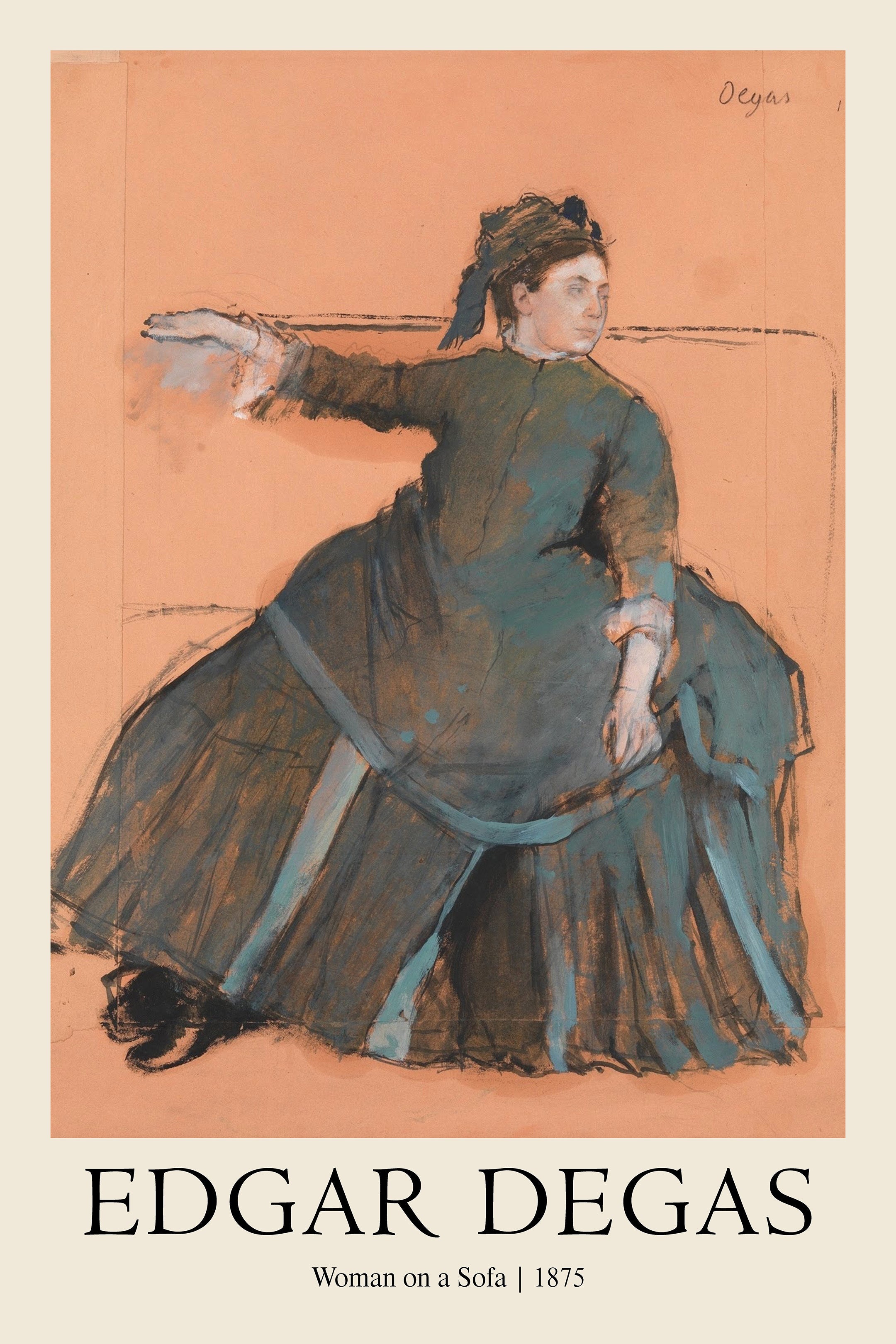 Edgar Degas pastel drawing, "Woman on a Sofa," 1875. Impressionist study of a woman in a dark dress against a warm terracotta background.