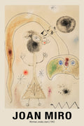 Joan Miró abstract drawing (1942) with biomorphic figures, black ink, and ochre washes on beige paper, titled "Woman, Snake, Stars."