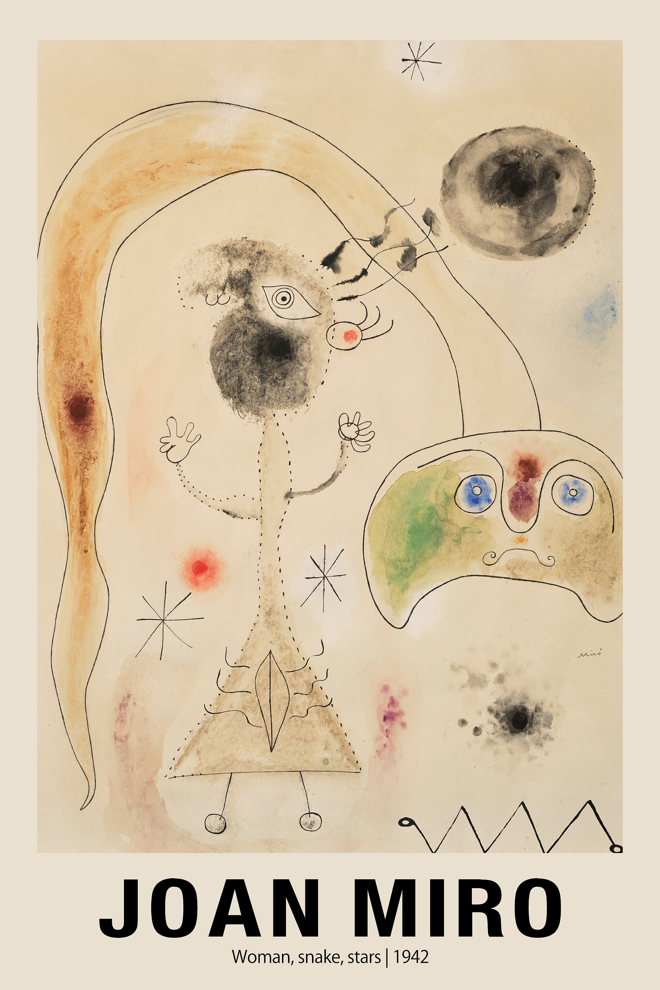 Joan Miró abstract drawing (1942) with biomorphic figures, black ink, and ochre washes on beige paper, titled "Woman, Snake, Stars."