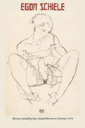 Egon Schiele sketch from 1914 titled "Woman spreading legs," a raw, charcoal line drawing of a seated nude female figure on a beige background.