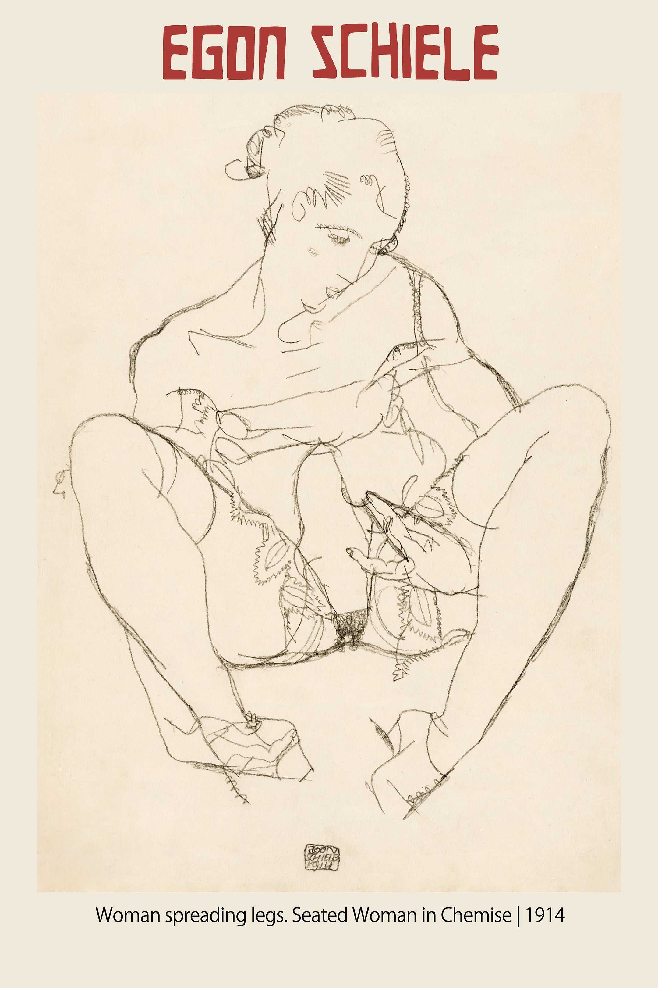 Egon Schiele sketch from 1914 titled "Woman spreading legs," a raw, charcoal line drawing of a seated nude female figure on a beige background.