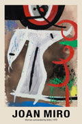 Abstract painting by Joan Miró from 1970 featuring a large white figure with black, red, blue, and green splatters on a textured brown background.