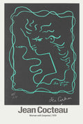 Jean Cocteau's 1959 drawing "Woman with Serpente," featuring a vibrant teal single line profile on a black background with serpentine border.