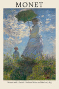 Detailed reproduction of Claude Monet's 1875 painting featuring Madame Monet holding a green parasol on a breezy, cloudy hill.