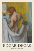 Reproduction of Edgar Degas's 1898 pastel, "Woman with a Towel," depicting a nude female figure with red hair, viewed from the back, drying herself against a yellow and blue background.