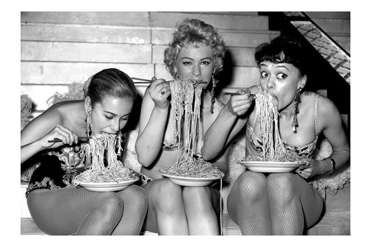 Women Eating Pasta - Quirky Retro Print of Glamorous Women Enjoying Spaghetti Pasta Poster