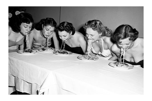 Vintage Photo Spaghetti Eating Contest Funny Kitchen Wall Art Print Poster