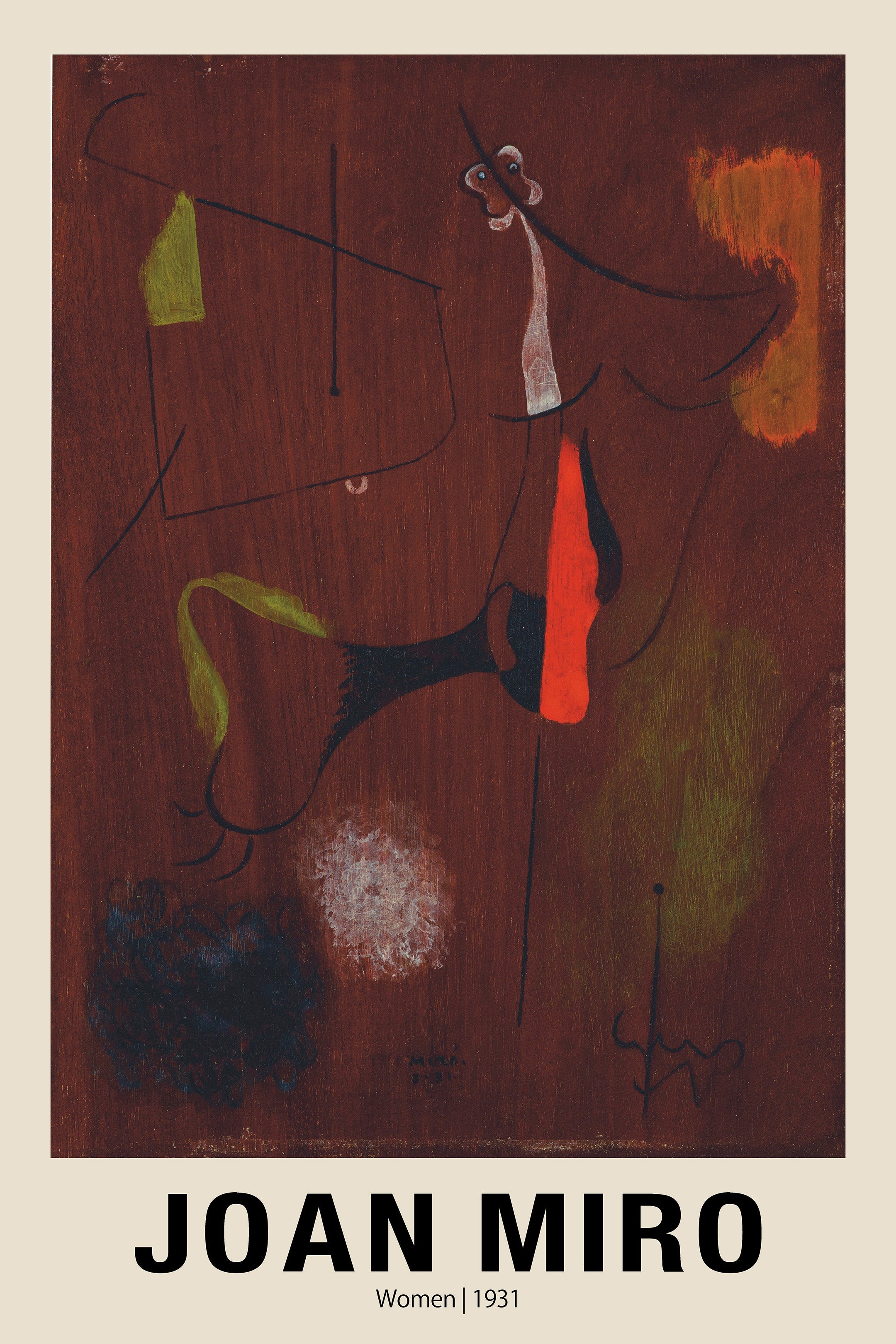 Reproduction poster of Joan Miró's 1931 Surrealist painting "Women," featuring stylized figures and lines on a dark, textured background.