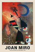 Abstract painting by Joan Miró titled "Women and Bird in the Moonlight" featuring simplified figures, a dark blue crescent moon, and bold black lines against a red and brown background.