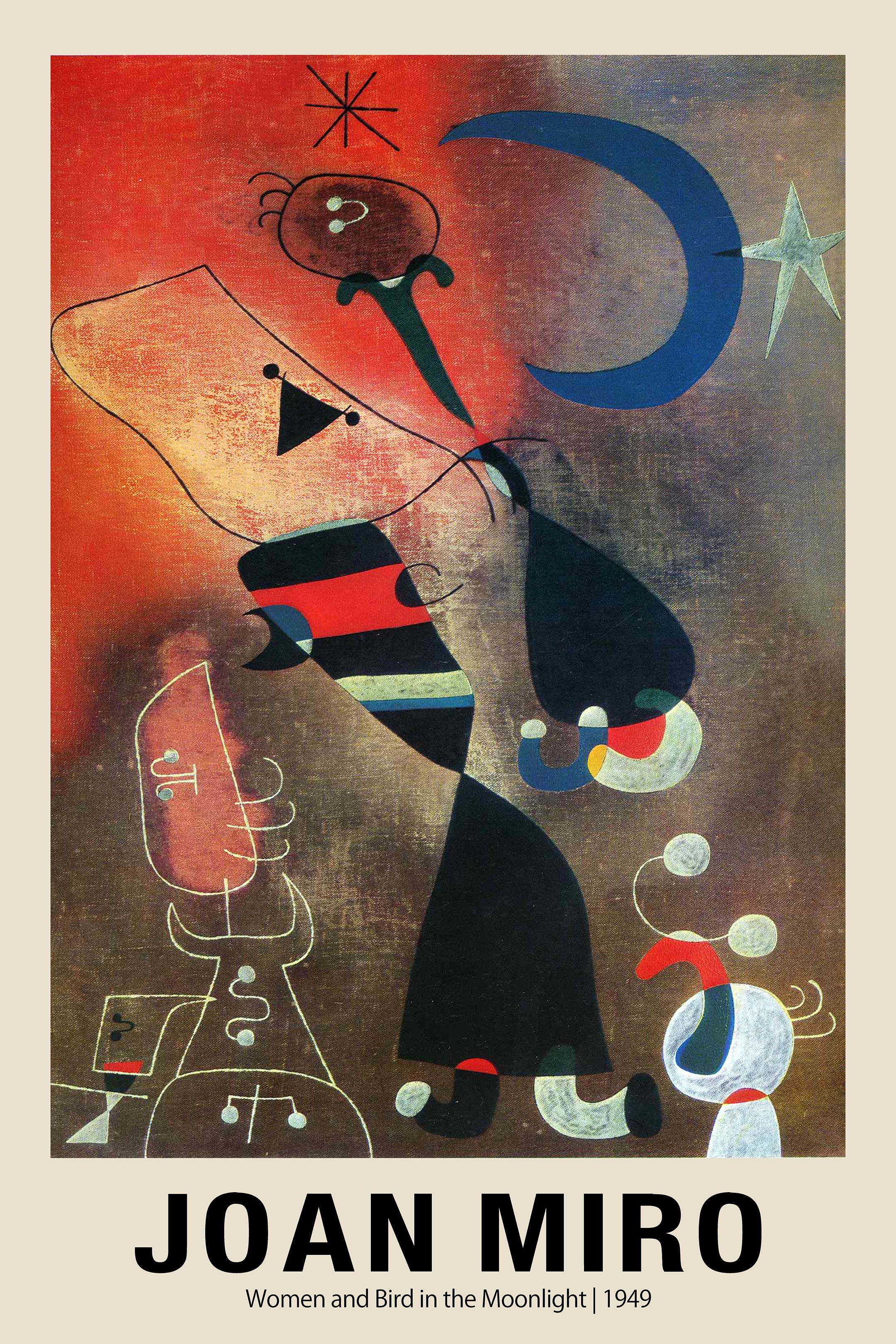 Abstract painting by Joan Miró titled "Women and Bird in the Moonlight" featuring simplified figures, a dark blue crescent moon, and bold black lines against a red and brown background.